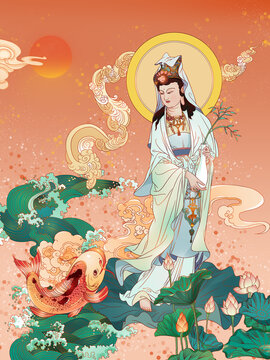 保平安神話觀音菩薩形象插畫