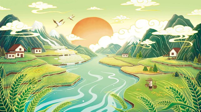 青稞梯田雪山青藏高原包裝插畫