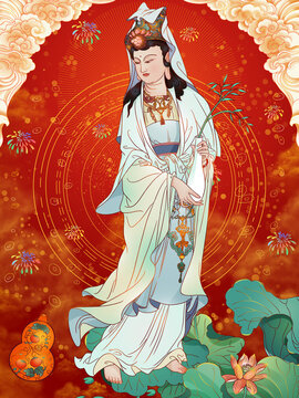 國潮古風(fēng)觀音菩薩葫蘆平安祝福插畫