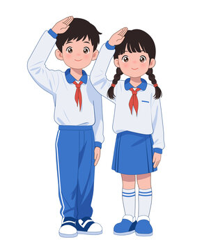 少先隊(duì)員敬禮小學(xué)生男孩女孩