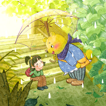 下雨天大熊送小女孩回家