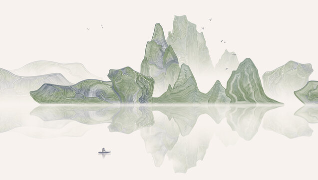 線描中式山水