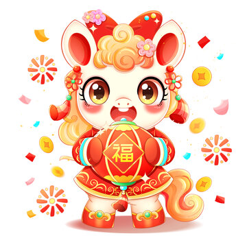 新年春節(jié)抱燈籠的小馬插畫