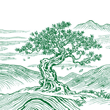 荒野古茶樹山峰云霧溪流底紋中國風矢量背景