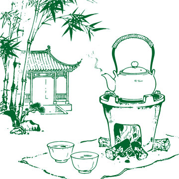 古風(fēng)煮茶手繪底紋茶葉禮盒設(shè)計(jì)矢量圖素材