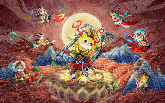 敦煌貓咪飛天水彩插畫