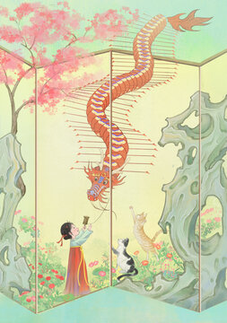 古風(fēng)水墨插畫放風(fēng)箏龍風(fēng)箏