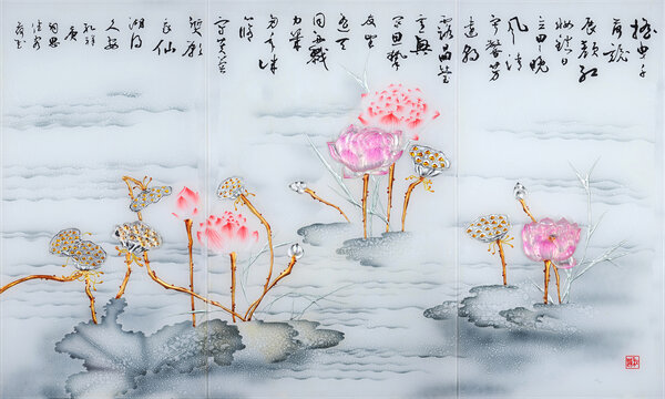 國色天香荷花背景墻裝飾畫
