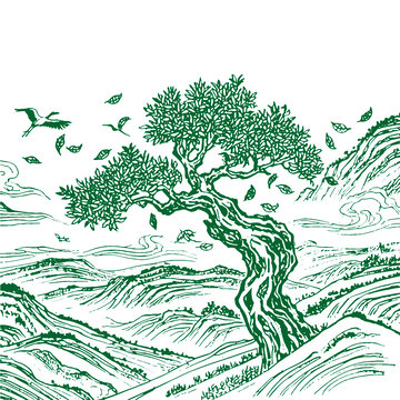 荒野古茶樹手繪山巒溪流底紋中國風(fēng)矢量素材