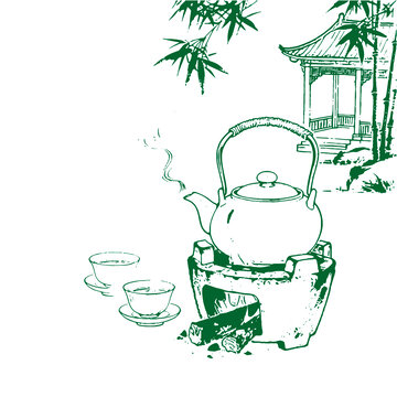 老白茶古風(fēng)煮茶手繪底紋茶葉禮盒設(shè)計(jì)矢量圖