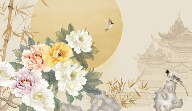 高端新中式花鳥(niǎo)背景墻