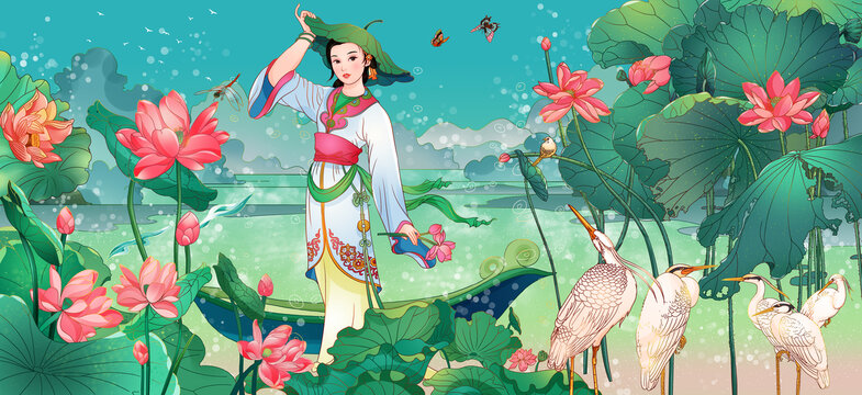 夏日荷塘采蓮仕女人物插畫