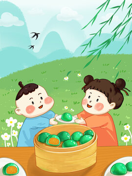 清明節(jié)孩子們一起吃青團(tuán)扁平插畫