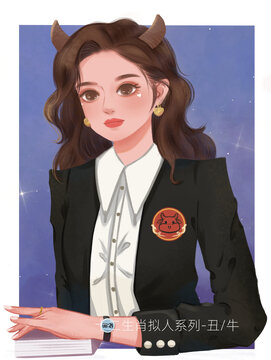 12生肖擬人頭像插畫勤奮牛
