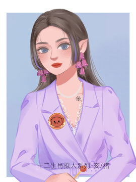 12生肖擬人頭像插畫自律豬