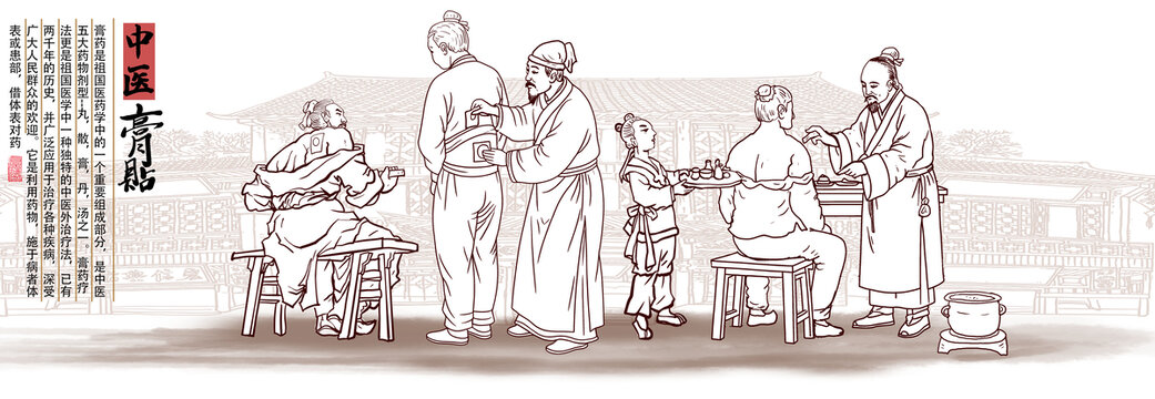 古代中醫(yī)貼膏藥插畫線描圖