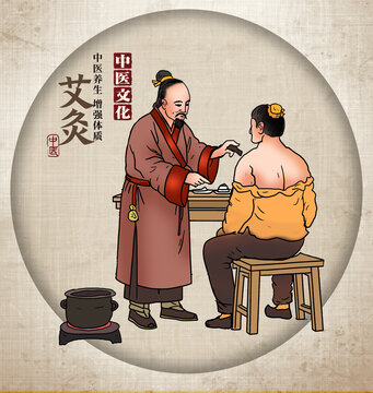 中醫(yī)艾灸手繪插畫