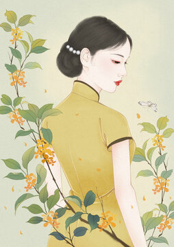 桂花旗袍女孩插畫