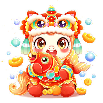 新年春節(jié)抱錦鯉的小馬插畫
