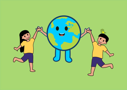 地球牽手小朋友矢量插畫