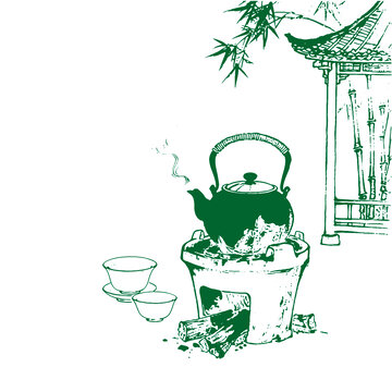 中國風(fēng)古風(fēng)煮茶手繪底紋茶葉包裝設(shè)計(jì)矢量圖