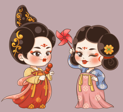 手繪卡通唐朝美女玩耍風(fēng)車糖葫蘆插畫
