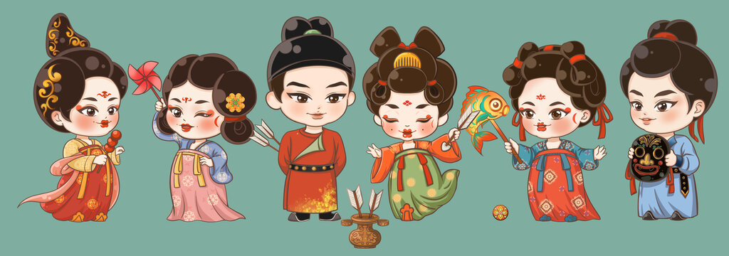 唐朝夜市逛街投壺娛樂(lè)游戲活動(dòng)卡通插畫