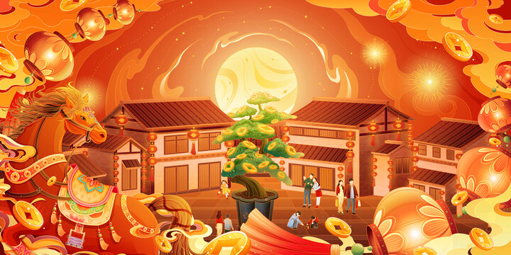 2026馬年新年場(chǎng)景國(guó)潮插畫