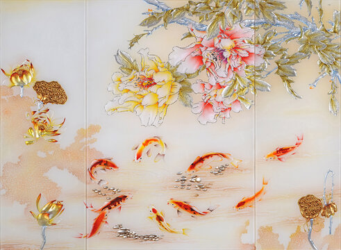 牡丹花九魚圖玻璃背景裝飾畫