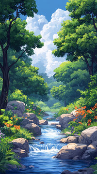 綠樹藍天河流圖