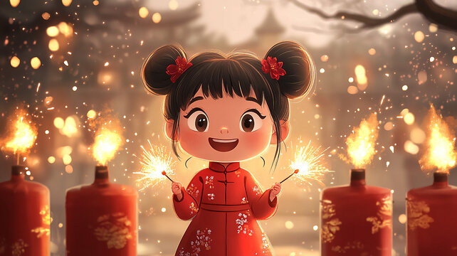 新年女孩放鞭炮