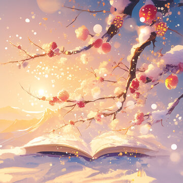 雪中紅梅映夕陽