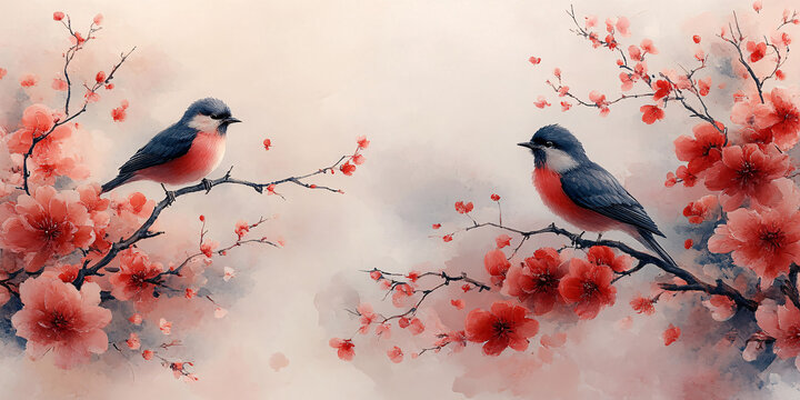 牡丹花枝與鳥
