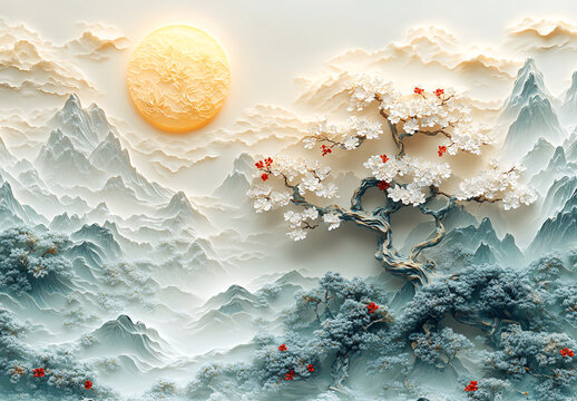 雪山月下樹影