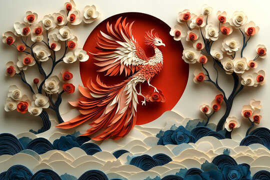 金鳳凰紅紙窗花背景