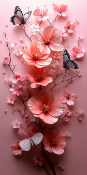 粉色花束與蝴蝶