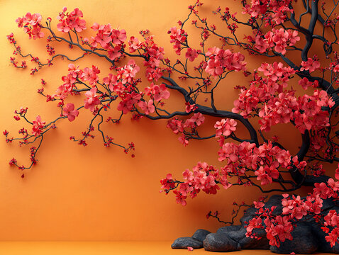 桃花紅葉黑背景