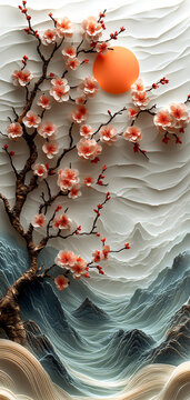 櫻花浪濤山巒圖