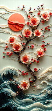 櫻花浪濤山巒圖