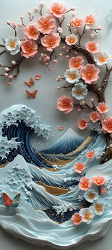 櫻花波浪與山