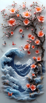 櫻花波浪與山