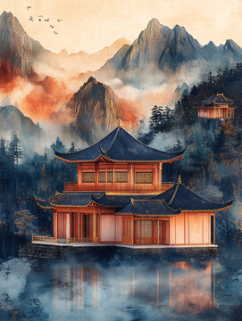 金色云紋山水屏