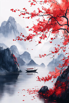 梅花蓮花山水畫