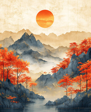 山水云霧金邊圖