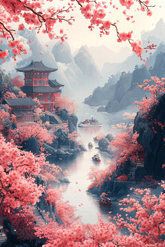 櫻花山水剪紙圖