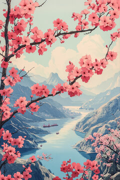 櫻花山水剪紙圖