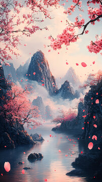 山川櫻花圖