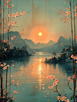 櫻花竹林山水圖