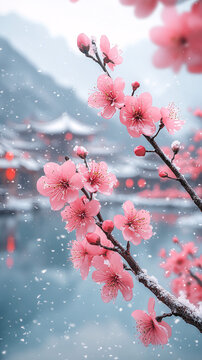 雪中梅花湖景