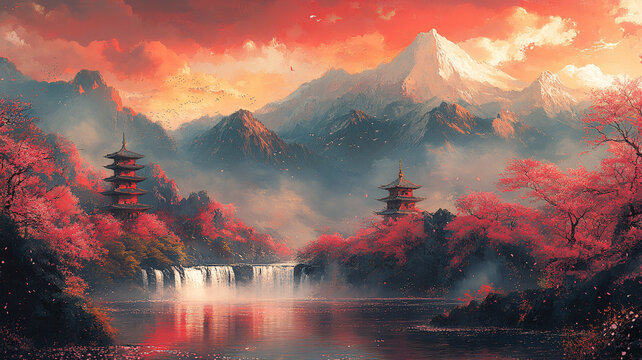 櫻花瀑布圖
